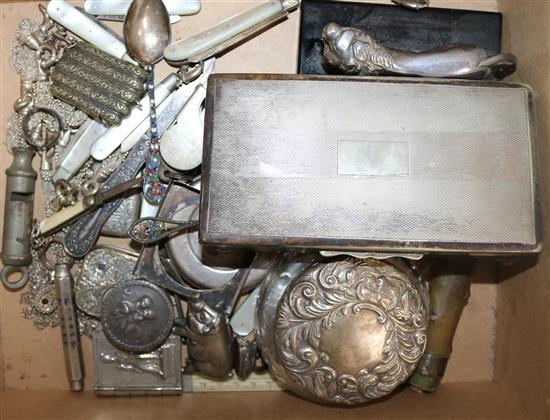 A box of plated and silver objects of vertu including silver fruit knives, Scandinavian silver plique a jour spoon, etc